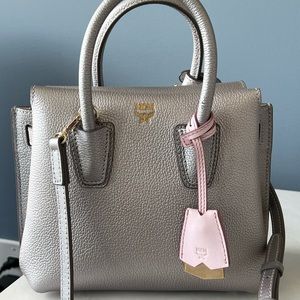 MCM Metallic Grained Calfskin Mini Mila Tote in Spike Silver